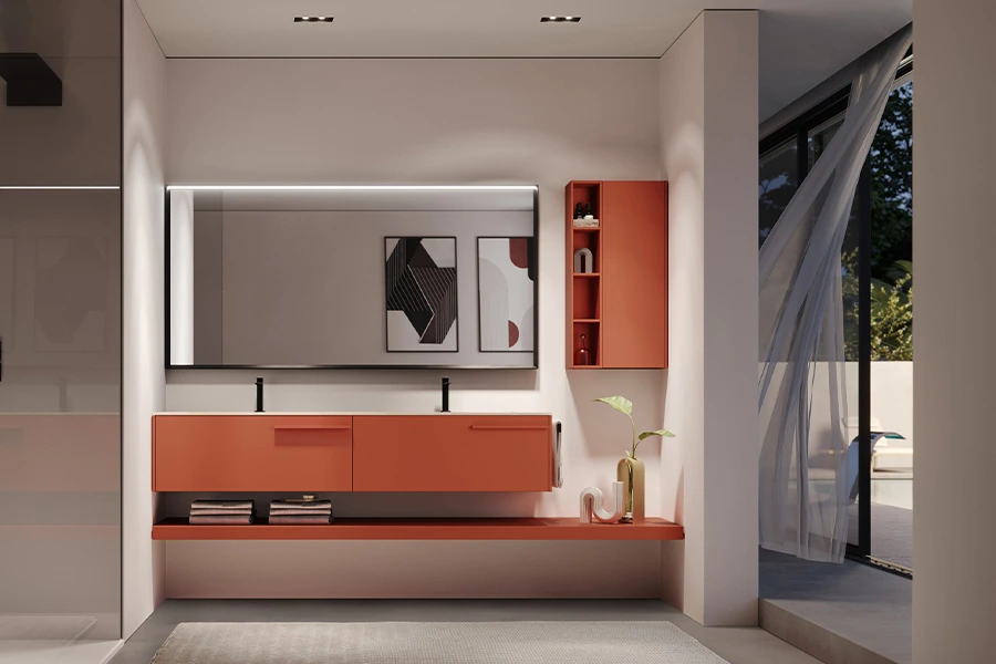 oupelnová deska Sense z materiálu Fenix NTM v matném provedení. Extrémně matný povrch odolný proti otiskům prstů, integrované umyvadlo a čisté linie v moderní koupelně od ASSO